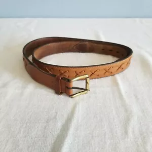 Cinturón de cuero vintage años 80 90 tejido patrón X hebilla de latón marrón castaño talla 36 - Imagen 1 de 6