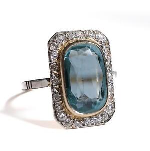 Victorian Platinum and 14 Karat Gold Aquamarine Ring with Diamonds