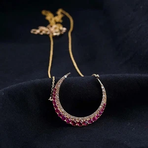 2Ct Round Red Ruby Crescent Moon Pendant 14K Yellow Gold Plated Silver 18" Chain - Picture 1 of 6
