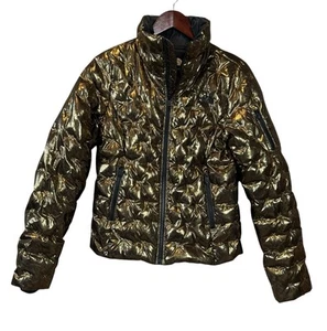 North Face Womens Medium Gold Puffer Winter Jacket Metallic Black Bubble Puff SP - Picture 1 of 11