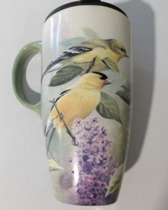 Lang Becher Golden Finches 6 1/8" groß Keramik Reisebecher Susan Bourdet Tasse 18 Oz - Bild 1 von 7