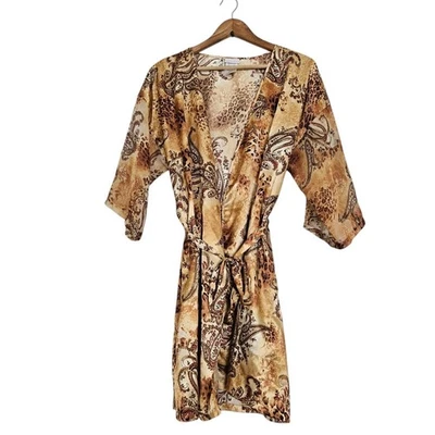 Bata de satén Y2K Secret Treasures de colección para mujer M beige estampado animal con cinturón romántico Foto 1 de 4