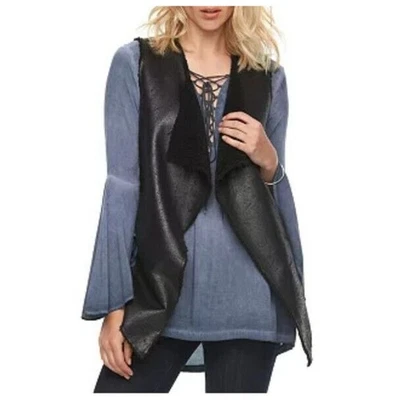 Rock Republic Sherpa Vest M Metallic Black Vegan Suede Boho Western Cowgirl NEW - Image 1 of 4