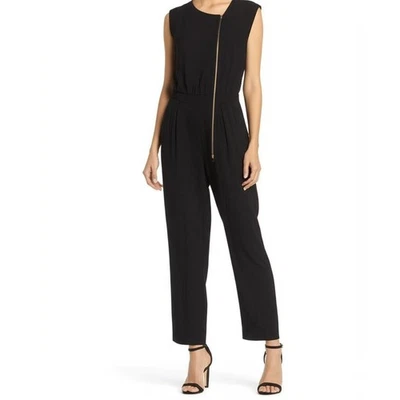 J.CREW Jumpsuit Black Asymmetrical Zip Sleeveless Tapered Minimalist Size 8 - Image 1 of 4