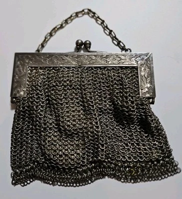 Antiguo bolso de mano sin asas de malla metálica de plata alemana ~ Foto 1 de 4