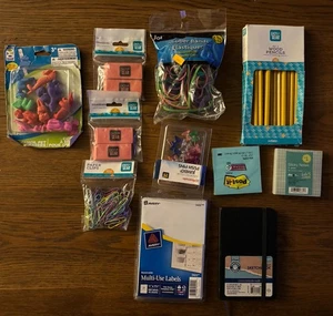 Mixed Lot School Supplies Pencils Pet Erasers Rubber Bands Labels Sketchbook - Picture 1 of 6