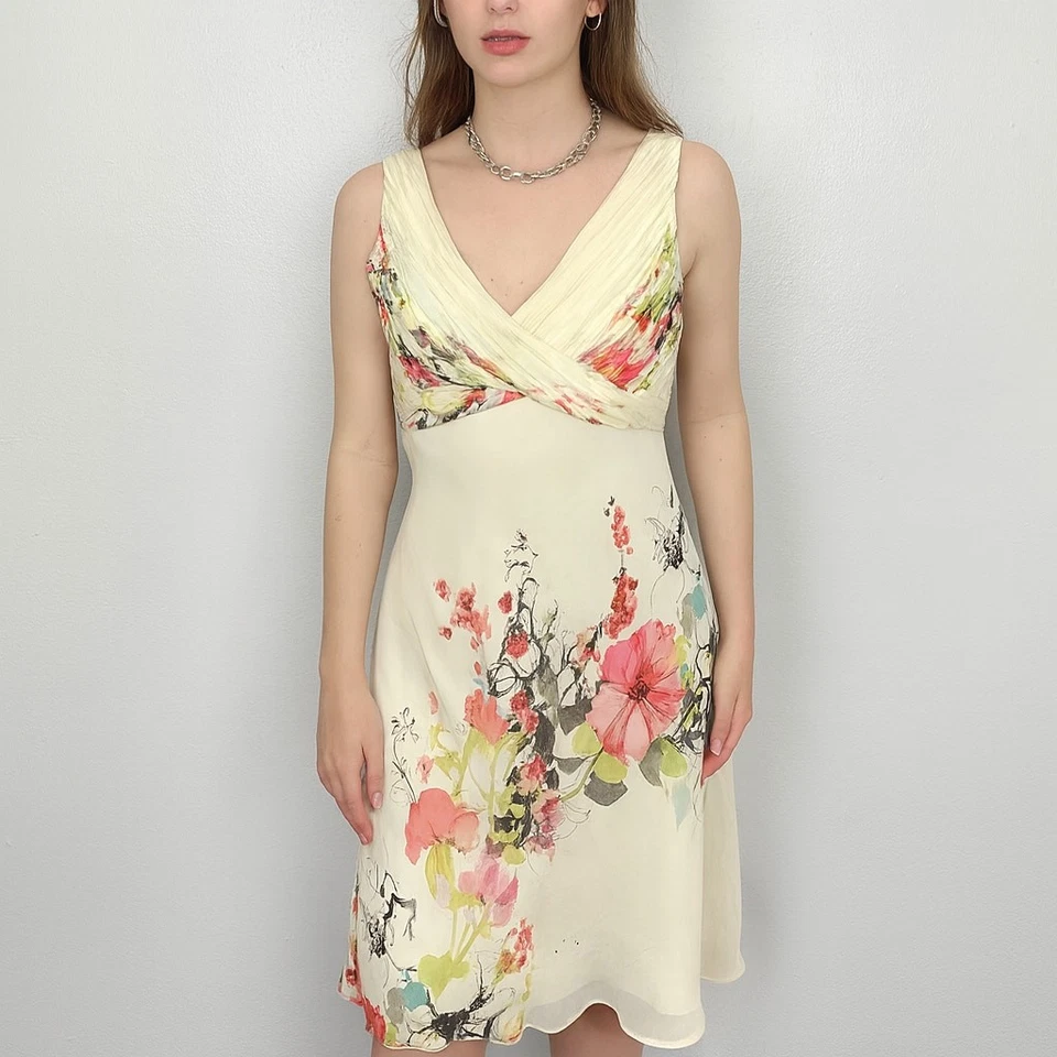 Vintage Y2K Adrianna Papell Silk Dress Womens 12 Cream Floral Bling Fairy Boho - Image 1 of 4
