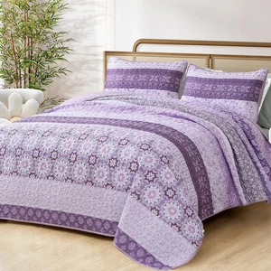 Boho Quilt Set King,Purple Bohemian Striped Patchwork Summer - Picture 1 of 12