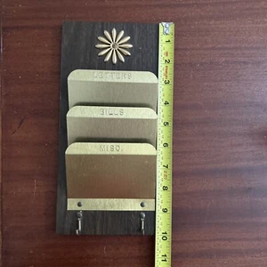 Vintage MCM Metal Tin 3 Slot Mail Holder Letters Bills Misc Key Hooks Gold Brown - Picture 1 of 13