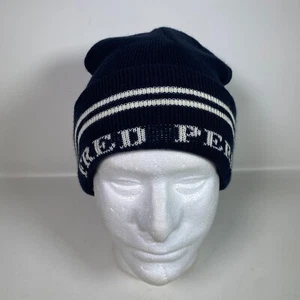 Fred Perry Logo Beanie Hat Blue One Size Knitted Vintage Made in UK Spellout - Picture 1 of 7
