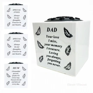 White Square Memorial Vase Pot Black Feather Print Plastic Grave Flower Funeral - Picture 1 of 16