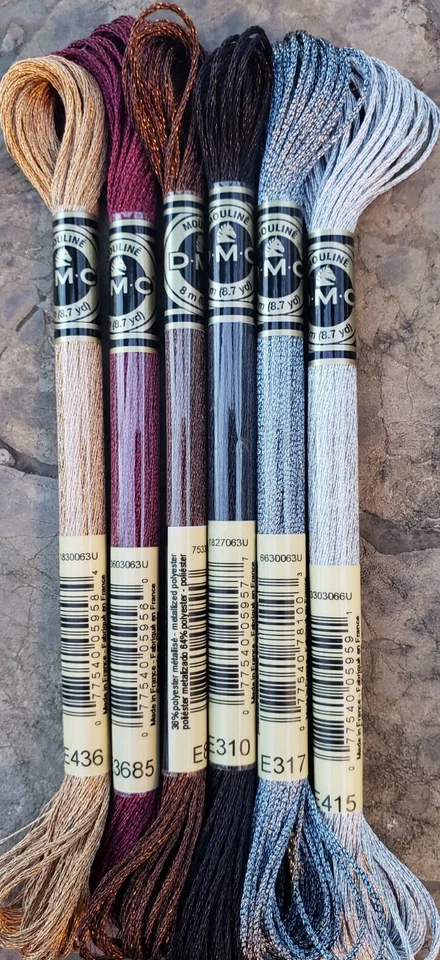 DMC Light Effects Embroidery Floss Set #E415  E3685 E436 E898 E317 E310 1 each - Image 1 of 1