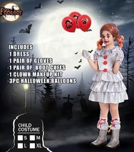 New Kid Girls Creepy Clown Halloween Costume Pennywise Movie IT Dress Large - Picture 1 of 3