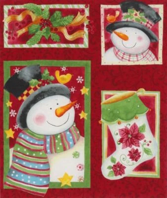 Christmas Stocking Snowmen Poinsettia Fabric Holly Quilt 5" to 7" Blocks #432 - Image 1 of 3