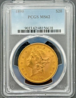 Cabeza Liberty doble águila oro 1890 $20 tipo 3, graduación profesional MS 62, fecha clave alta calidad Foto 1 de 4