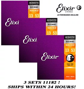 *3 SETS ELIXIR 11182 80/20 BRONZE ACOUSTIC NANOWEB GUITAR STRINGS LIGHT (13-53)* - Picture 1 of 3