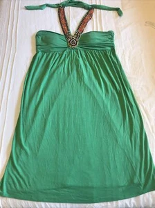 Single Sun Dress Boho Tribal Large Green Embellished Beaded Halter Cotton EUC - Picture 1 of 11