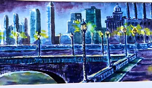 Violet City Skyline Original Purple -blue Watercolor Painting Beautiful! - Picture 1 of 8