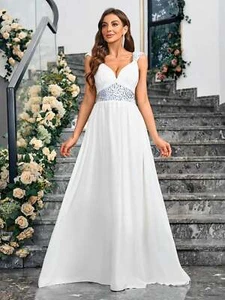 Wedding Dress Spaghetti Strap Sparkly White Satin Cute Long Evening Dress Women - Picture 1 of 7