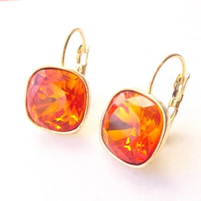 Pendiente Gota Naranja Ópalo de Fuego con Diamantes de Imitación Corte Cojín 12mm Cristal Chapado en Oro Foto 1 de 3