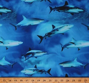 Cotton Sharks Predators Aquatic Animals Water Blue Fabric Print by Yard D413.04 - Picture 1 of 1