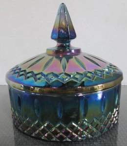 Indiana Glass Iridescent Peacock Blue Carnival Glass Candy Dish with Lid - Picture 1 of 6