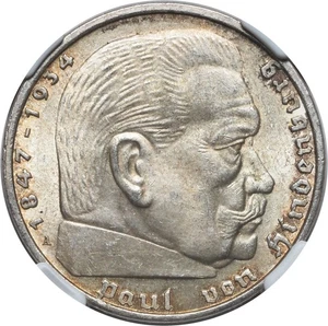 1938-A, Germany (3rd Reich). Silver 5 Mark. Hindenburg. High Grade! NGC MS-63! - Picture 1 of 3