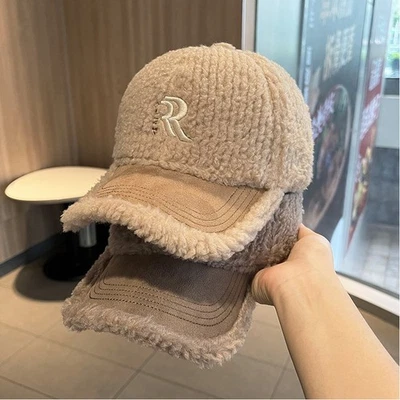 Winter Baseball Cap Letters Plush Peaked Cap Outdoor Lamb Wool Hat Keep Warm - Image 1 of 4