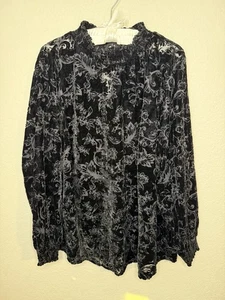 Torrid 2X Black Velvet Burnout Top Blouse Long Sleeve Mock Neck Floral Party - Picture 1 of 19