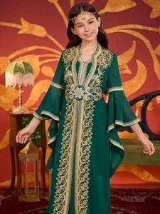 Abito Lungo Maxi Accappatoio Bambini Caftano Musulmane Ragazze Abaya Bambini Chiffon Dubai Party - Foto 1 di 16
