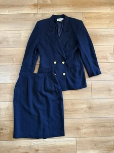 Vintage Christian Dior Navy Double Breasted Blazer Skirt Set Gold Logo Buttons 6 - Picture 1 of 24