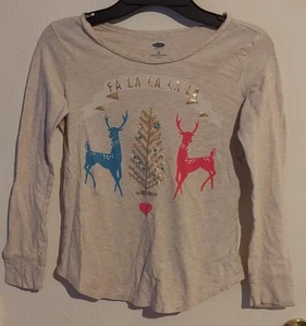 Old navy beige "FA LA LA LA LA" Christmas blue and pink reindeer long sleeve top - Picture 1 of 4