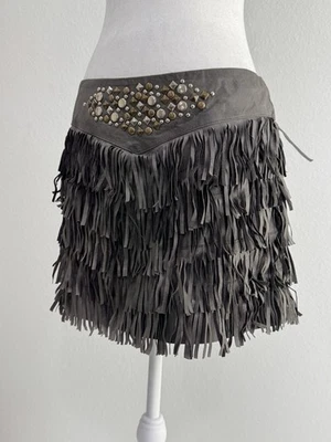 Minifalda Stetson 100 % cuero con flecos tachonada Western Boho vaquera gris talla S Foto 1 de 4