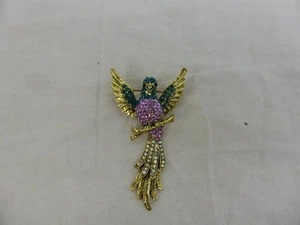 Brosche goldfarben Strass Papagei Vogel rosa blau 6,5 cm - Bild 1 von 8
