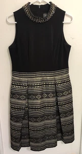 Vince Camuto Stand Neck Party Dress Size 10 Black Gold Geo Beaded Brocade Skirt - Picture 1 of 16