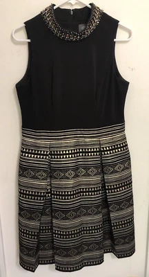 Vince Camuto Stand Neck Party Dress Size 10 Black Gold Geo Beaded Brocade Skirt - Image 1 of 4