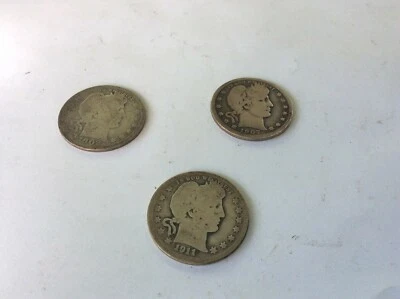Barber Quarter 1892-1916, 90% Silver, Fair to Good, lot of 3 - Image 1 of 3