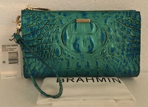 Brahmin Melbourne DAISY Large Zip Wristlet Clutch PEACOCK Teal Blue Green NWT - Picture 1 of 10