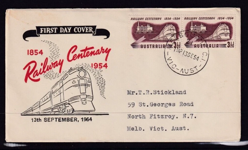 AUSTRALIA 1954 FDC RAILWAY CENTENARY SOUTHERN CROSS PRINTER RED #C471 - image 1 of 1