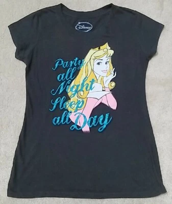 DISNEY PRINCESS PARTY ALL NIGHT SLEEP ALL DAY Glitter Letters T-Shirt Girl's XL - Image 1 of 2