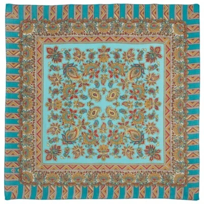 Sunbeam Turquoise Pavlovo Posad Russian Shawl 1197-11 28x28" Солнечный лучик - Image 1 of 4