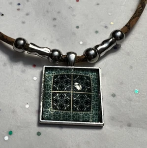 NWOT Portuguese Square Tile Style Pendant on Cork Necklace 16 Inches Portugal - Picture 1 of 10