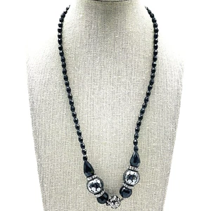 Black Beaded Necklace Silver Filigree Statement Beads Rhinestone Accents - Picture 1 of 6