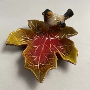 Creative Co op Ceramic Leaf Ring or Jewelry Dish with Bird Fall Orange Brown - Picture 1 of 6