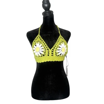 Сидр крючком маргаритки с бретелью через шею укороченный бюстгальтер верхний размер L зеленый фестиваль хиппи новый - Изображение 1 из 4