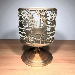 Bath & Body Works 3 Wick Bronze Candle Holder Reindeer Trees Glitter Snowflakes - Picture 1 of 12