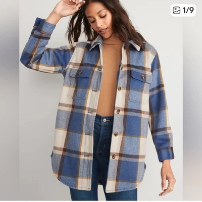 Old Navy Blue White Plaid Soft-Brushed Utility Shacket for Women Size XL  EUC - Image 1 of 4