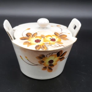 Vtg Hand Painted Sugar Dish w/ Lid Japan Floral Autumn Colors Pottery Jar Chip - Picture 1 of 9