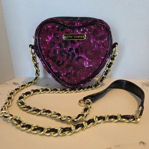 Betsey Johnson sequin purple pink heart crossbody bag purse velvet cheetah chain - Picture 1 of 11