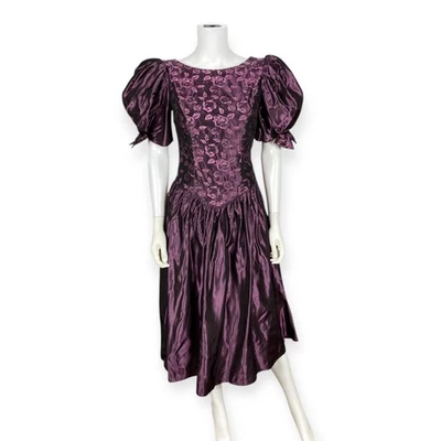 Vestido midi vintage años 80 90 púrpura tafetán manga hinchada fiesta graduación Foto 1 de 4